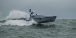 Saronic Corsair unmanned surface vessel, the 24-foot autonomous drone boat operated by the US Navy's Task Force 59 that struck Iran's Bandar Abbas Naval Base