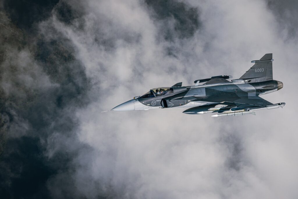 Saab Gripen E fighter aircraft in flight