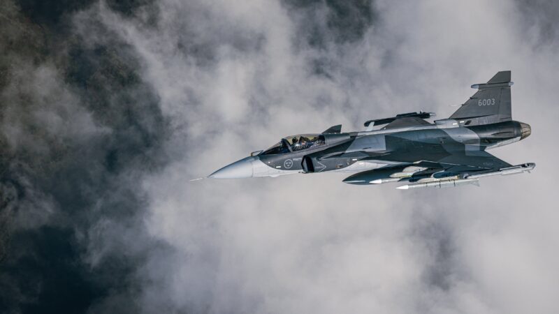Saab Gripen E fighter aircraft in flight