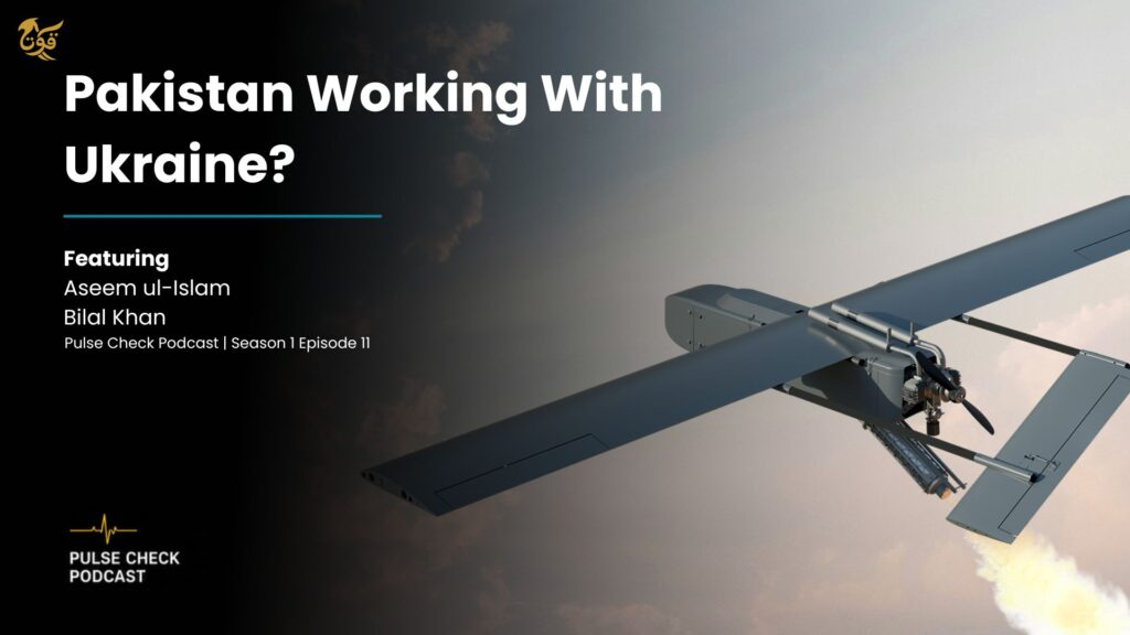Podcast cover with bold title 'Pakistan Working With Ukraine?' on a black left panel and a winged aircraft on the right.