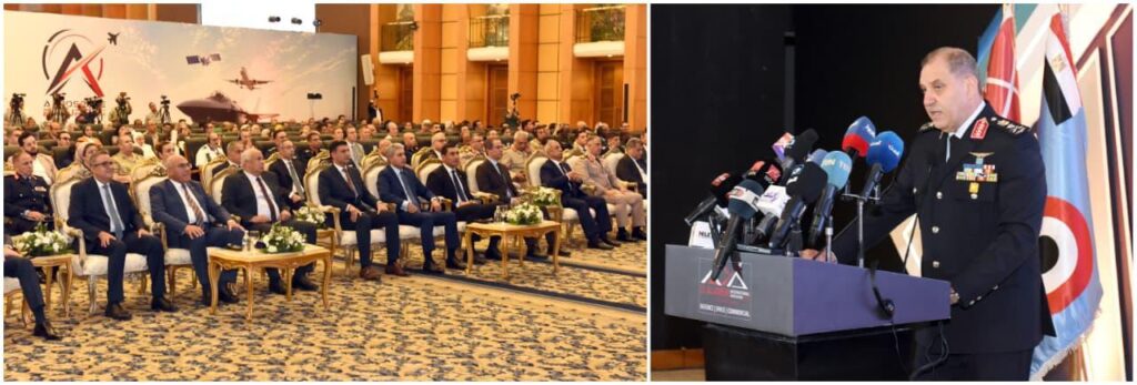 Two-panel scene: left shows rows of officials seated in a conference hall; right shows a military officer at a podium giving a press briefing.