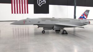 Photo of the first Anduril Fury UCAV rolling out of the company's Arsenal-1 facility in Ohio.