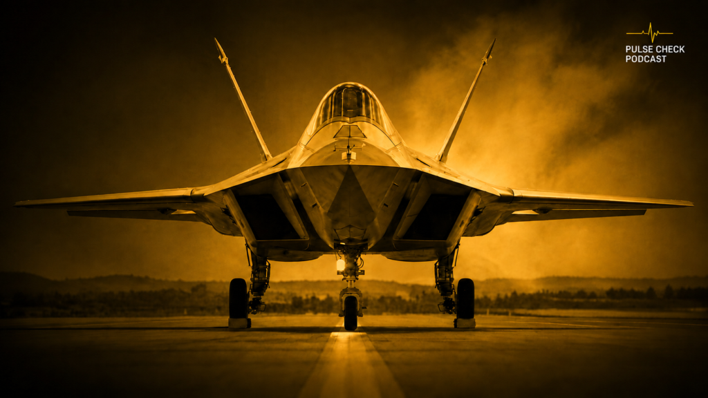 Front view of a fighter jet on a runway with landing gear down, bathed in a warm yellow-orange hue, Pulse Check Podcast logo in the top right corner.