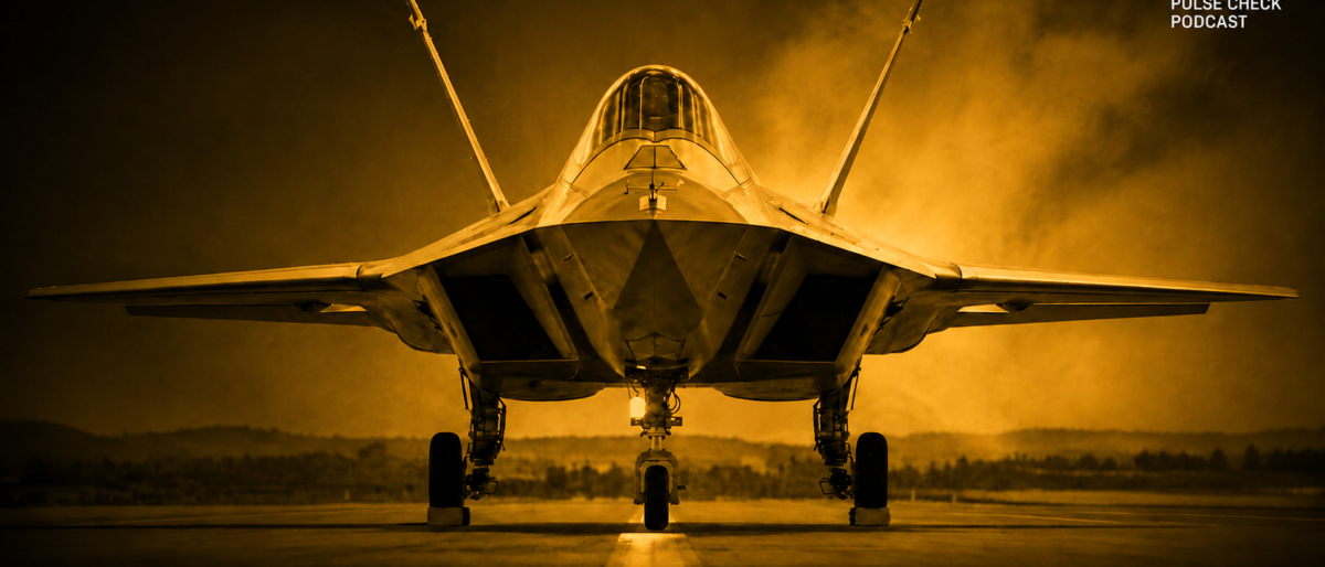 Front view of a fighter jet on a runway with landing gear down, bathed in a warm yellow-orange hue, Pulse Check Podcast logo in the top right corner.