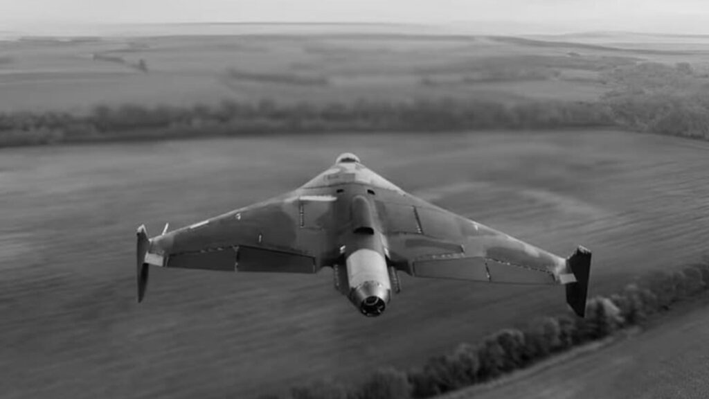 Stealth fighter jet seen from behind, flying low over a rural landscape in grayscale.