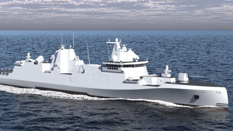 Illustration of a modern guided missile frigate in side profile, representing the Rheinmetall GMF 140