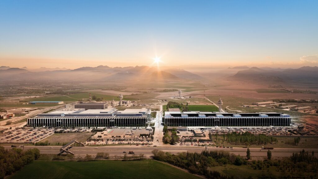 Aerial view of Aselsan's Golbasi technology campus near Ankara at sunrise, showing two production and engineering blocks carrying the Aselsan wordmark