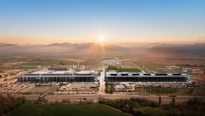 Aerial view of Aselsan's Golbasi technology campus near Ankara at sunrise, showing two production and engineering blocks carrying the Aselsan wordmark