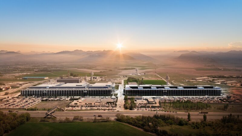 Aerial view of Aselsan's Golbasi technology campus near Ankara at sunrise, showing two production and engineering blocks carrying the Aselsan wordmark