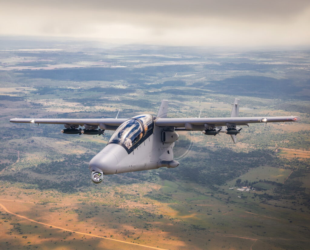 Paramount Mwari light attack aircraft fitted with ASELSAN ASELFLIR-500 electro-optical targeting turret