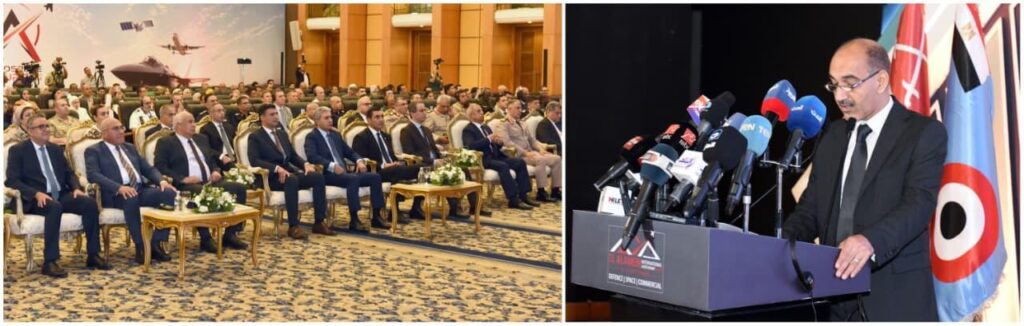 Two-panel scene: left shows an audience of formally dressed officials seated in a conference hall; right shows a man at a podium speaking to reporters with many microphones nearby.
