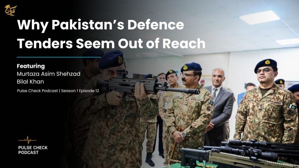 Hero image showing Pakistani military officers in uniform with rifles, headline text about defence tenders, and 'Pulse Check Podcast' branding on a dark left panel.
