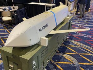 CoAspire RAACM-ER cruise missile, front-quadrant view at Sea-Air-Space 2026. © CoAspire