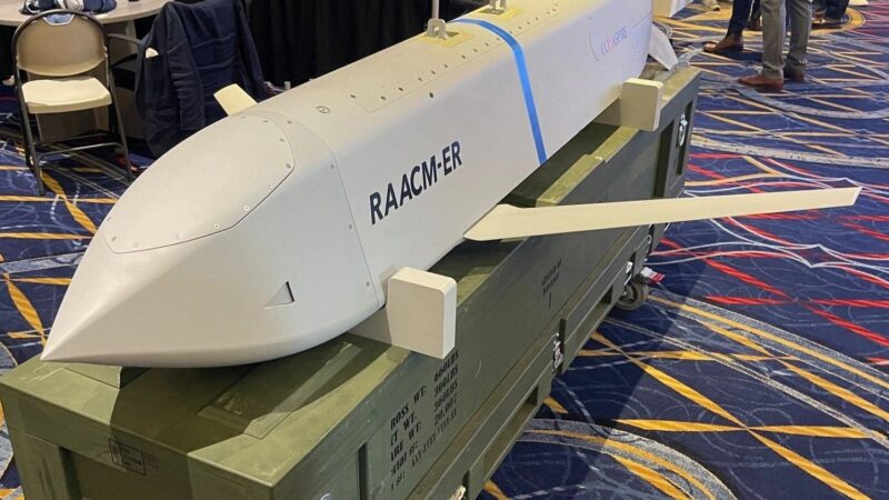 CoAspire RAACM-ER cruise missile, front-quadrant view at Sea-Air-Space 2026. © CoAspire