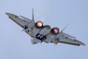 Russian Su-57E fifth-generation fighter with its internal weapons bays open, displayed at El Alamein Airshow 2026