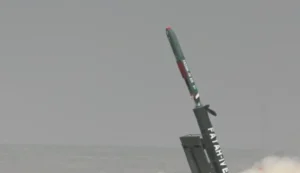 Still from ISPR footage of Pakistan's Fatah-4-ER cruise missile leaving its launch canister during the 6 October 2026 test.