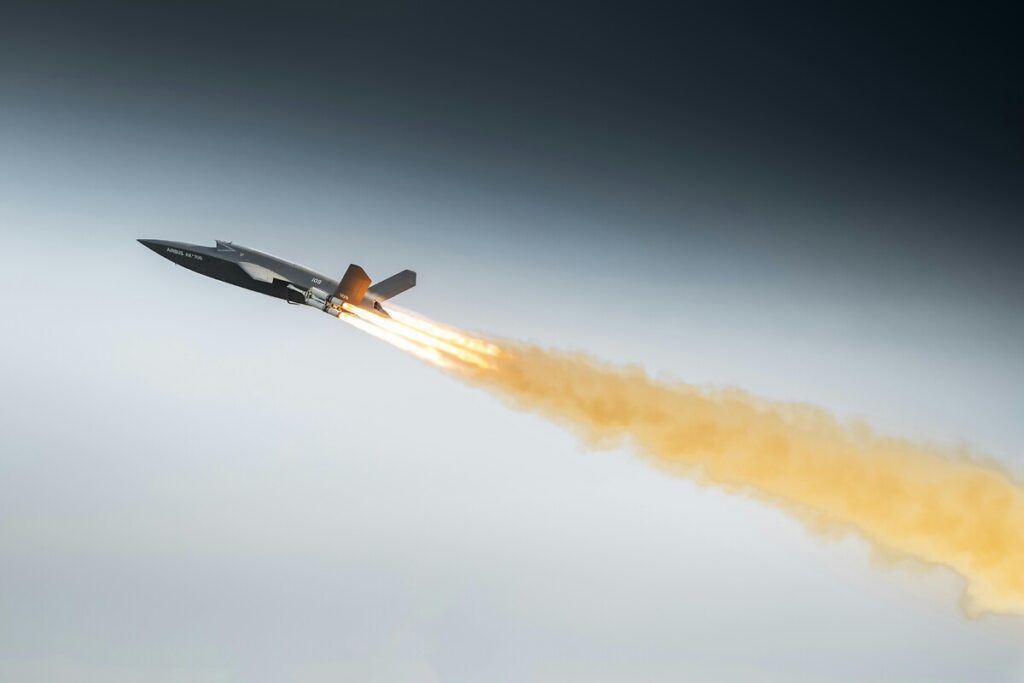 Airbus U740 Valkyrie uncrewed combat aircraft during rocket-assisted take-off for its first European flight