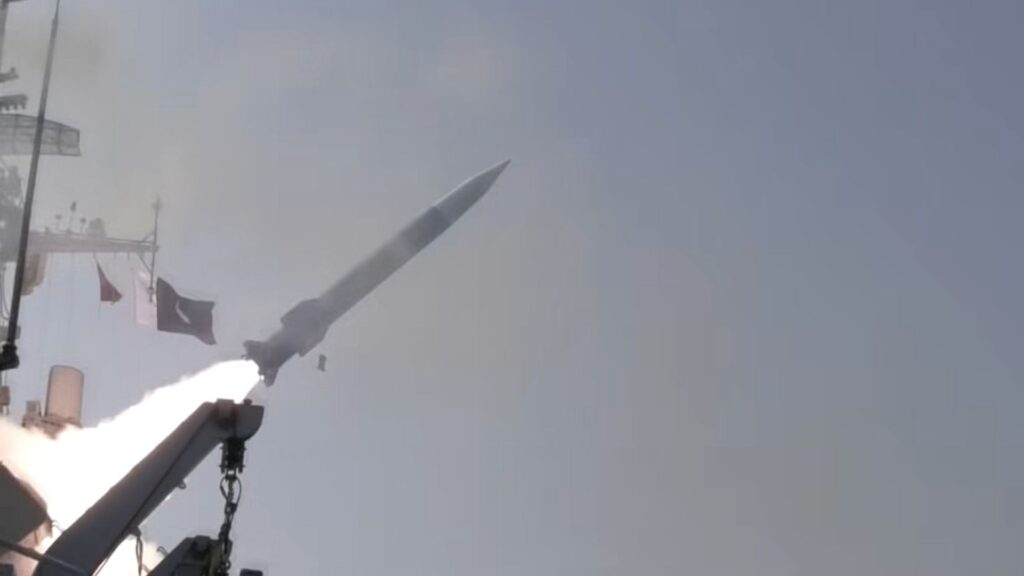 Pakistan Navy SMASH anti-ship ballistic missile (ASBM) launching from a Pakistan Navy warship during a test firing