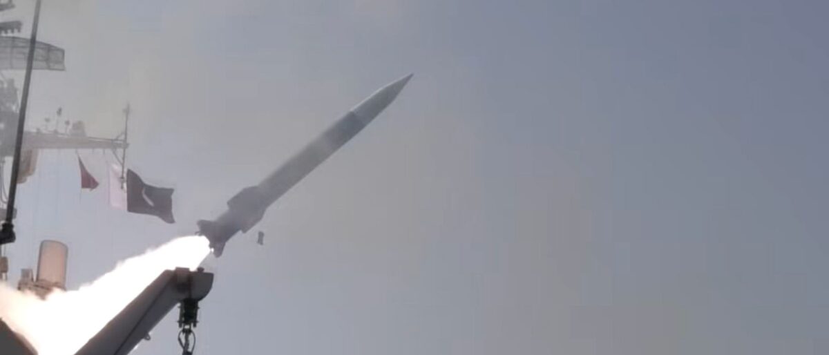 Pakistan Navy SMASH anti-ship ballistic missile (ASBM) launching from a Pakistan Navy warship during a test firing