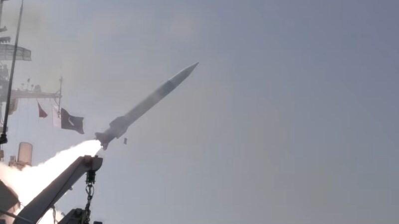 Pakistan Navy SMASH anti-ship ballistic missile (ASBM) launching from a Pakistan Navy warship during a test firing