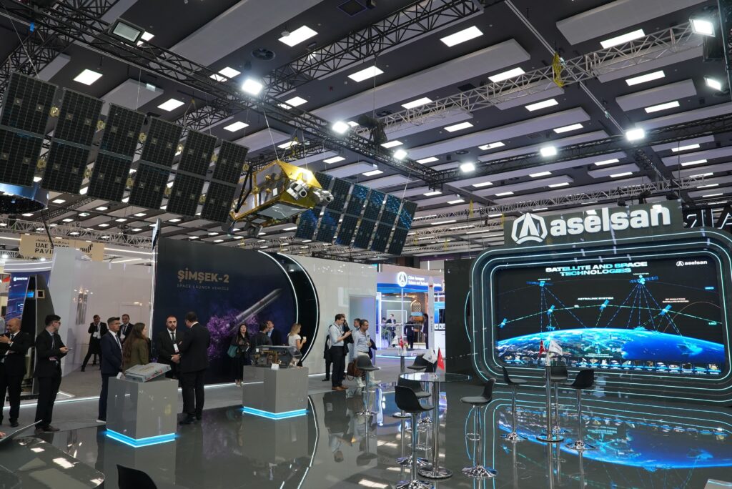 ASELSAN’s IAC 2026 stand with a satellite model and ASTRALINK network display