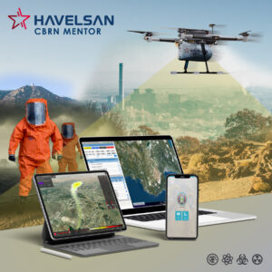 HAVELSAN CBRN MENTOR illustration with a drone, responders in protective suits and software displays.