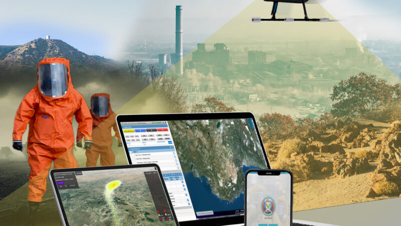 HAVELSAN CBRN MENTOR illustration with a drone, responders in protective suits and software displays.
